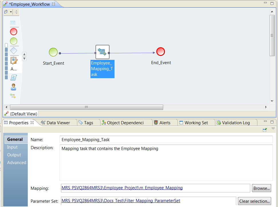 The General tab appears below the mapping editor. It contains the Mapping task name, description, link to a mapping, and a link to a parameter set. 
		  