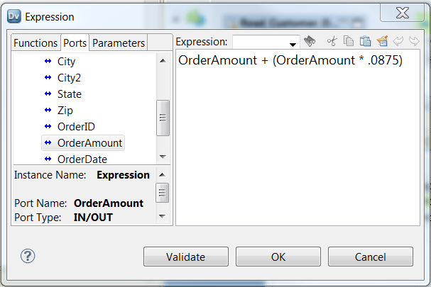The Expression Editor has three columns labeled Functions, Ports, and Parameters. The Expression Editor shows the following expression in the work area: Order Amount + Order Amount * .0875. 
				  