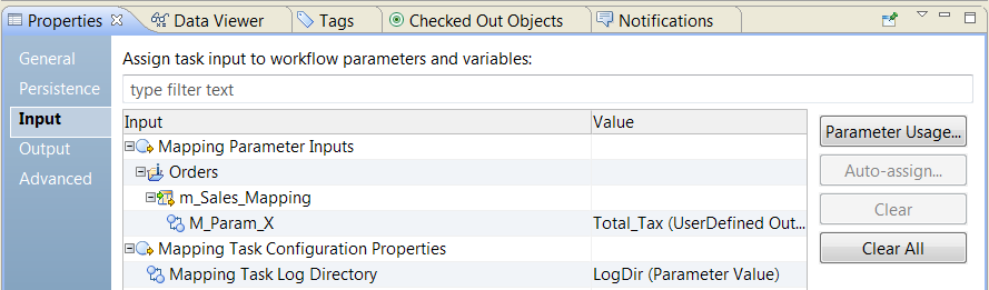 The Mapping task Input tab shows the Parameter Inputs and Mapping Task Configuration Properties in the left column. The right column contains values for the inputs.
		  