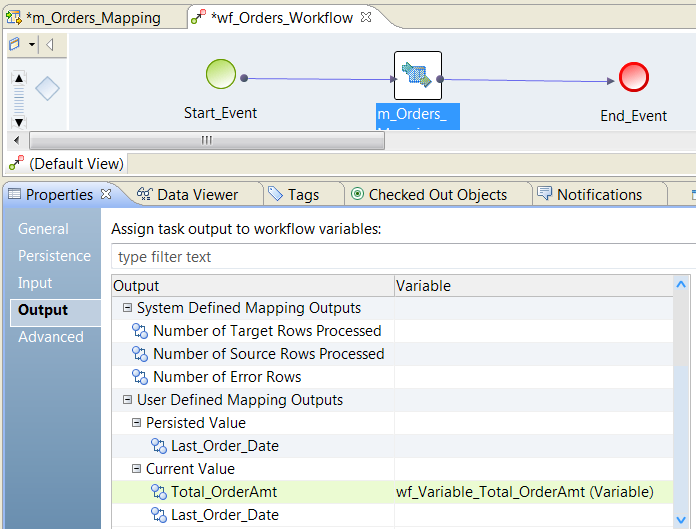 The Output tab image shows the system defined user outputs and the user-defined mapping outputs. The example included one persisted value called Last Order Date. It is not assigned to a workflow variable. The image shows 2 current value mapping outputs: Total Order Amount and Last Order Date. Total Order Amount is assign to a workflow variable called wf_Variable_Total_OrderAmt. 
		  