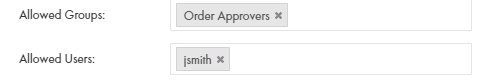 この図は、「Order Approvers」が表示された［許可されたグループ:］フィールドと、「jsmith」が表示された［許可されたユーザー:］フィールドを示しています。 
				  