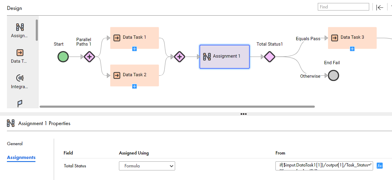 The image shows a taskflow with the Assignment step selected and the temporary field, Total Status, created with a formula.
		  