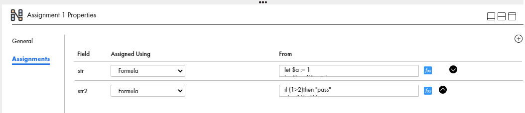 The image shows an Assignment step with two fields assigned the value Formula.
		  