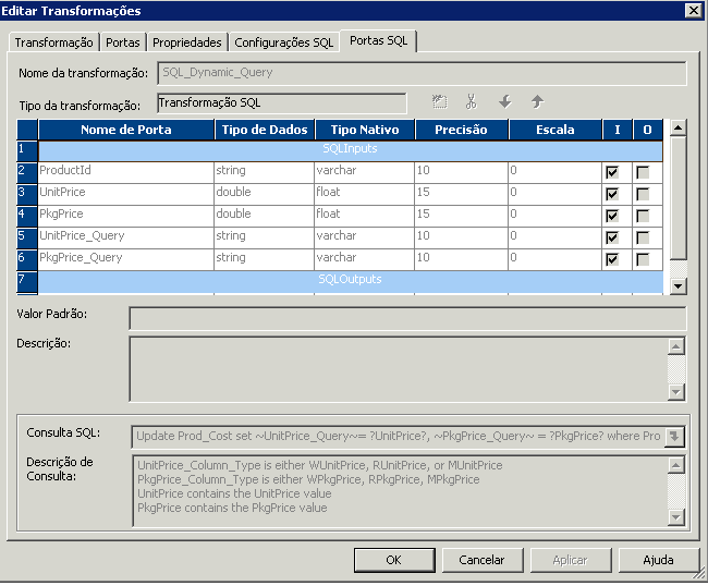 A guia Portas SQL da caixa de diálogo Editar Transformações contém as colunas nome da porta, tipo de dados, tipo nativo, precisão e escala. A guia também contém os campos nome da transformação, tipo de transformação, valor padrão, descrição, consulta SQL e descrição da consulta. 
		  