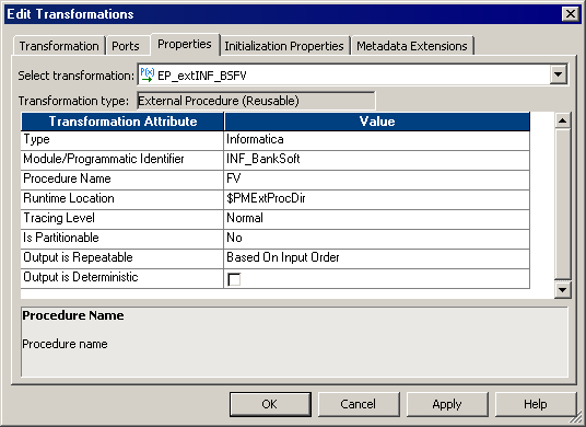 The Properties tab in the Edit Transformations dialog box contains the transformation attributes and values. The Properties tab also contains the Select transformation and Transformation type fields. 
				