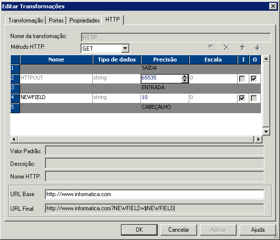 A guia HTTP na caixa de diálogo Editar Transformações contém as colunas de nome, tipo de dados, precisão, escala, entrada e saída. A guia também contém os campos Nome da Transformação, Método HTTP, Valor Padrão, Descrição Nome HTTP, URL Base e URL Final. 
		  