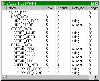 The Sales_File COBOL source is open and displays the port name, level, occurs, datatype, and length columns. 
		  