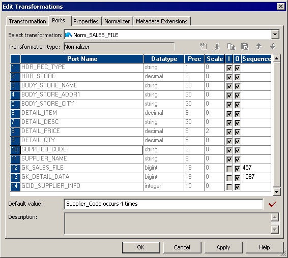 The Ports tab in the Edit Transformations dialog box contains the port name, datatype, precision, and scale columns. The Ports tab also contains the Select transformation, Transformation type, and Default value fields. 
		  