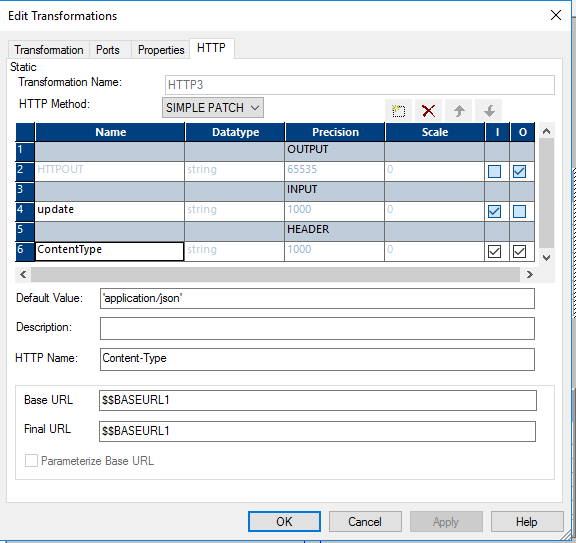 The HTTP tab in the Edit Transformations dialog box contains the name, datatype, precision, scale, input, and output columns. The tab also contains the Transformation Name, HTTP Method, Default Value, Description, HTTP Name, Base URL, and Final URL fields. The Parameterize Base URL checkbox is not selected. 
		  
