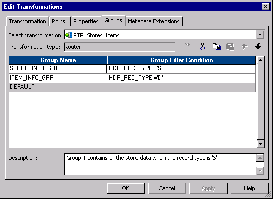The Groups tab in the Edit Transformations dialog box contains the group name and group filter condition columns. The Groups tab also contains the Select transformation, Transformation type, and Description fields. 
				