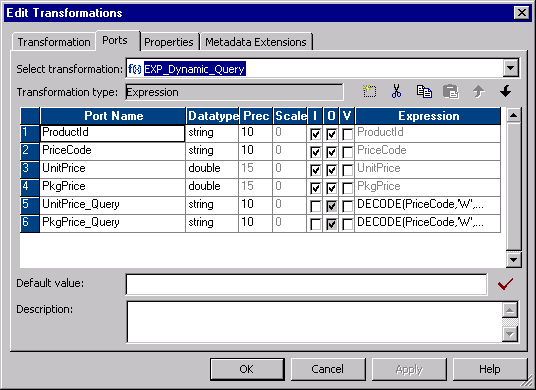 The Ports tab in the Edit Transformations dialog box contains the port name, datatype, precision, scale, and expression columns. The Ports tab also contains the Select transformation, Transformation type, Default value, and Description fields. 
		  