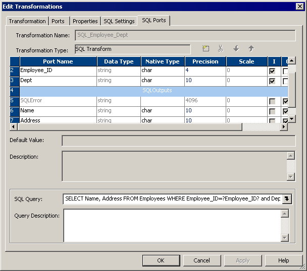 The SQL Ports tab in the Edit Transformations dialog box contains the port name, datatype, native type, precision, and scale columns. The tab also contains the Transformation Name, Transformation Type, Default Value, Description, SQL Query, and Query Description fields. The SQL Query field shows the WHERE clause and SELECT statement. 
		  