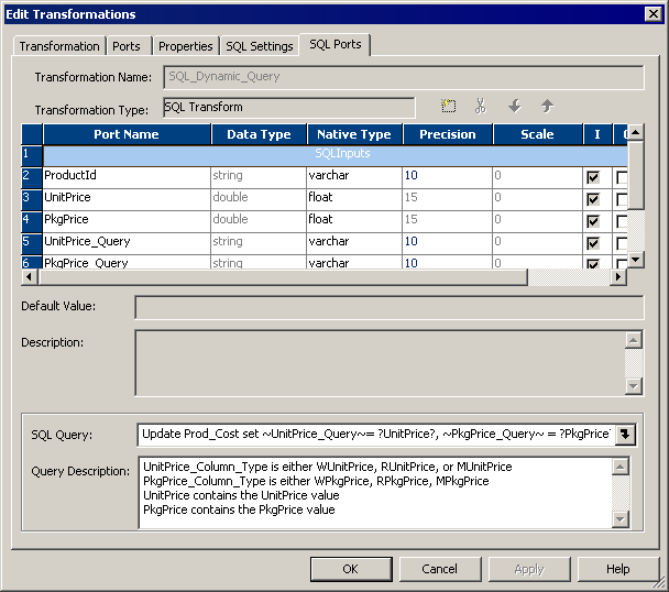 The SQL Ports tab of the Edit Transformations dialog box contains the port name, datatype, native type, precision, and scale columns. The tab also contains the transformation name, transformation type, default value, description, SQL query and query description fields. 
		  