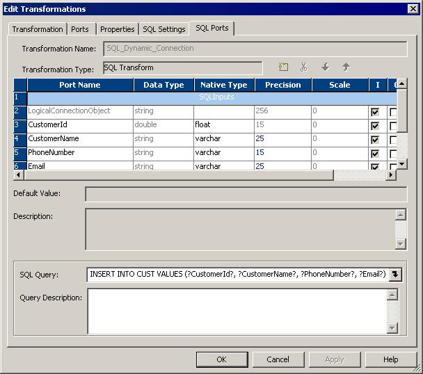 The SQL Ports tab in Edit Transformations dialog box contains the port name, datatype, native type, precision, and scale columns. The SQL Ports tab also contains the Transformation Name, Transformation Type, Default Value, Description, SQL Query, and Query Description fields. 
		  