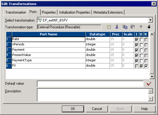 The Ports tab in the Edit Transformations dialog box contains the port name, datatype, precision, scale, input, output, and return columns. The Ports tab also contains the Select transformation, Transformation type, Default value, and Description fields. 
				