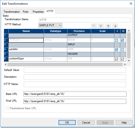 The HTTP tab in the Edit Transformations dialog box contains the name, datatype, precision, scale, input, and output columns. The tab also contains the Transformation Name, HTTP Method, Default Value, Description, HTTP Name, Base URL, and Final URL fields. The Parameterize Base URL checkbox is not selected. 
		  