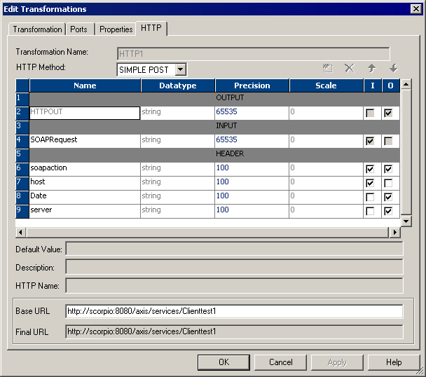 The HTTP tab in the Edit Transformations dialog box contains the name, datatype, precision, scale, input, and output columns. The tab also contains the Transformation Name, HTTP Method, Default Value, Description, HTTP Name, Base URL, and Final URL fields
		  