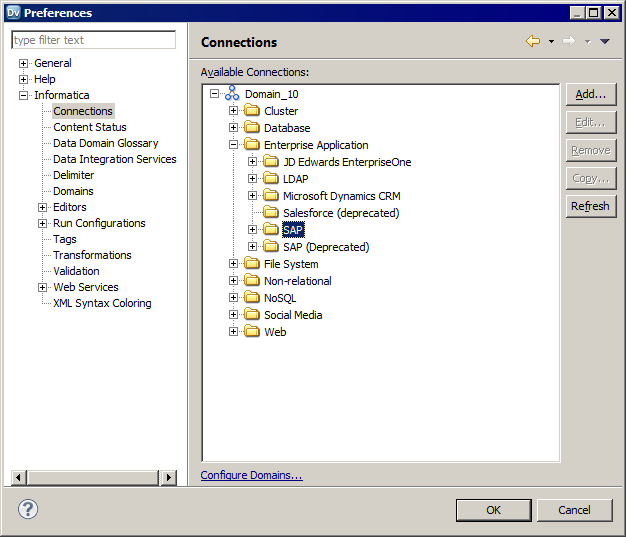 The Connections dialog box shows the deprecated SAP connection category and the new SAP connection category that you must use. 
				  