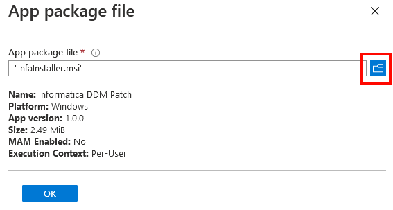 The image shows the App Package File dialog box with the package file entered. 
				  