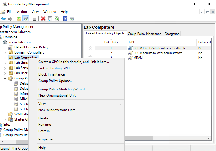 The image shows the Group Policy Management window with a domain selected and the organizational unit options visible.
				  
