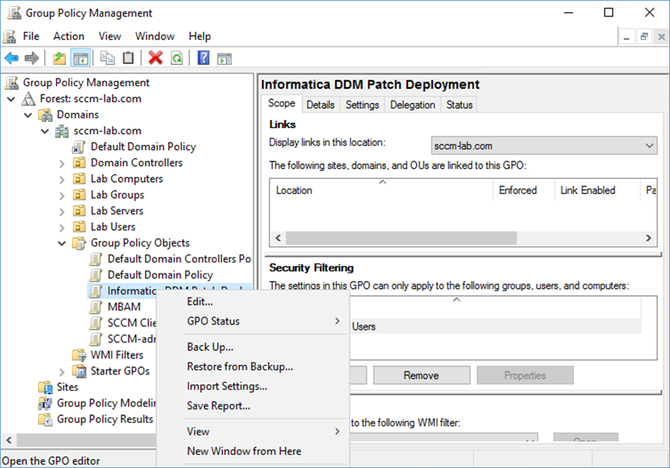 The image shows the Group Policy Management window with the Edit Policy Objects options visible. 
				  