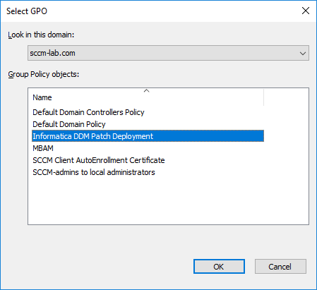 The image shows the Group Policy Object selection dialog box with a domain selected and the available objects listed. 
				  