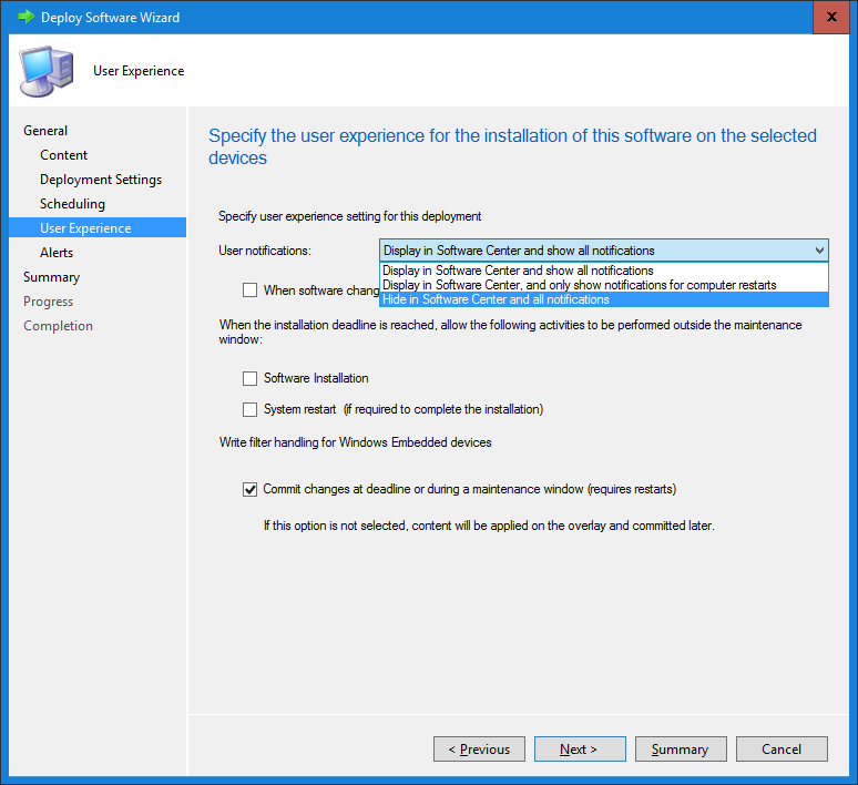 The image shows the User Experience page of the Deploy Software Wizard. 
				  