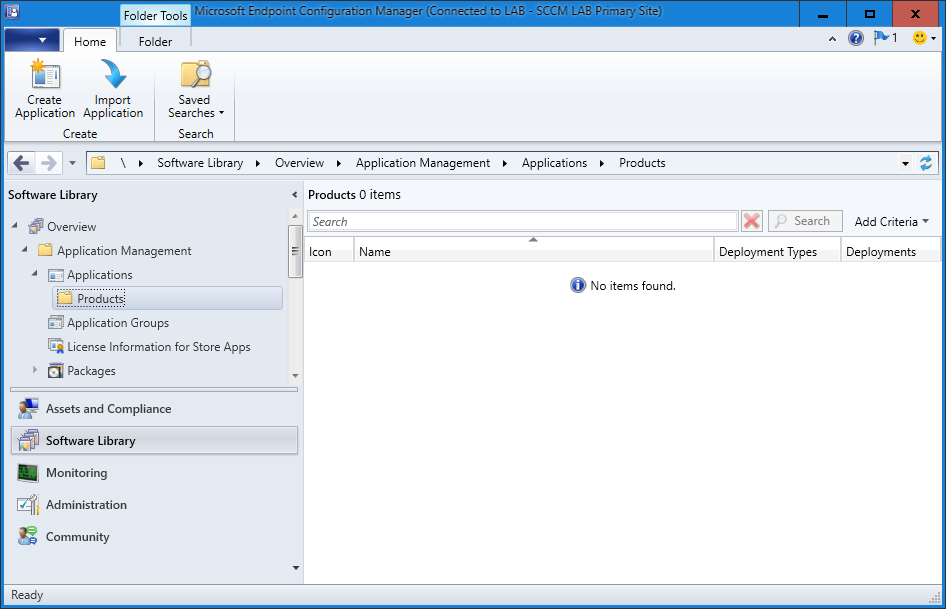 The image shows the Microsoft Endpoint Configuration Manager with the Applications folder visible in the panel on the left. 
					 