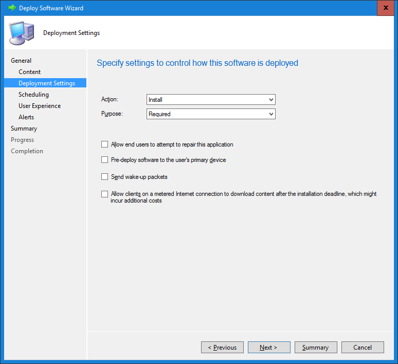 The image shows the Deployment Settings page of the Deploy Software Wizard. 
					 
