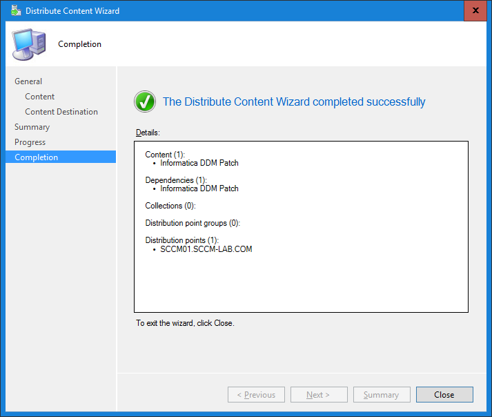 The image shows the Completion page of the Distribute Content Wizard. 
				  