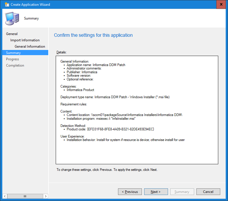 The image shows the Summary page of the Create Application Wizard. 
				  