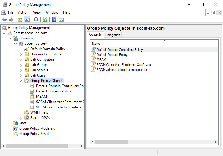 The image shows the Group Policy Management window with the Group Policy Objects folder selected. 
				  