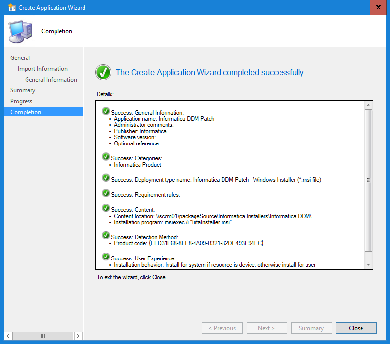 The image shows the Completion page of the Create Application Wizard. 
				  