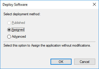 The image shows the Deploy Software window with the Assigned deployment method selected.
				  