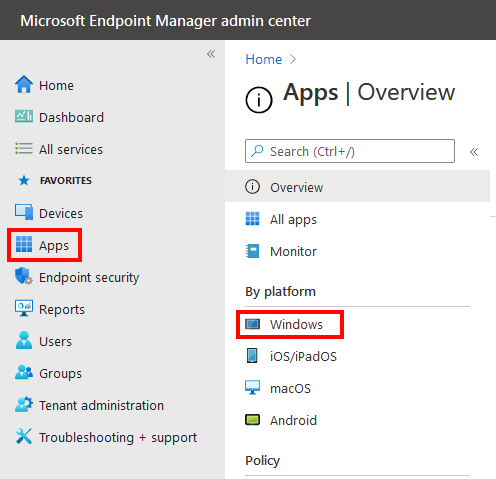 The image shows the Microsoft Endpoint Manager admin center page with the Apps blade and the Windows platform option highlighted. 
				  