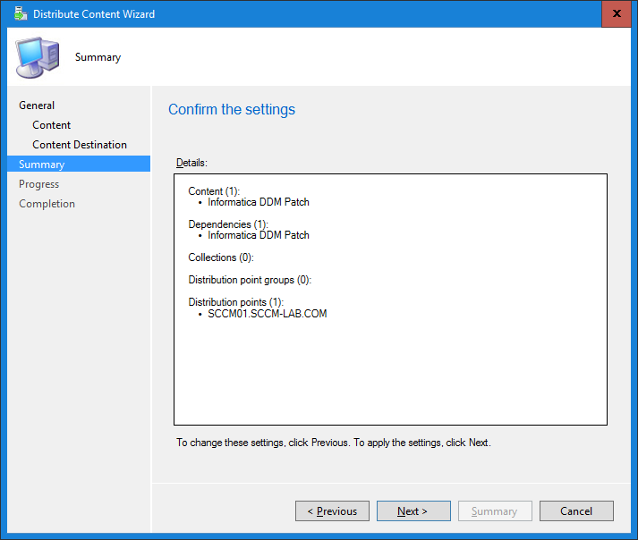 The image shows the Summary page of the Distribute Content Wizard. 
				  