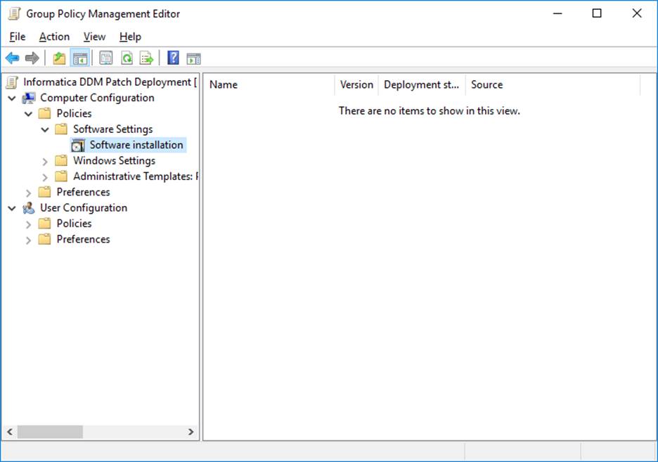 The image shows the Software installation option selected on the Group Policy Management Editor. 
				  