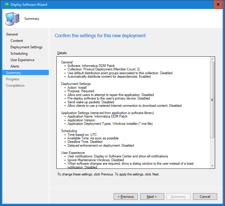 The image shows the Summary page of the Deploy Software Wizard. 
				  