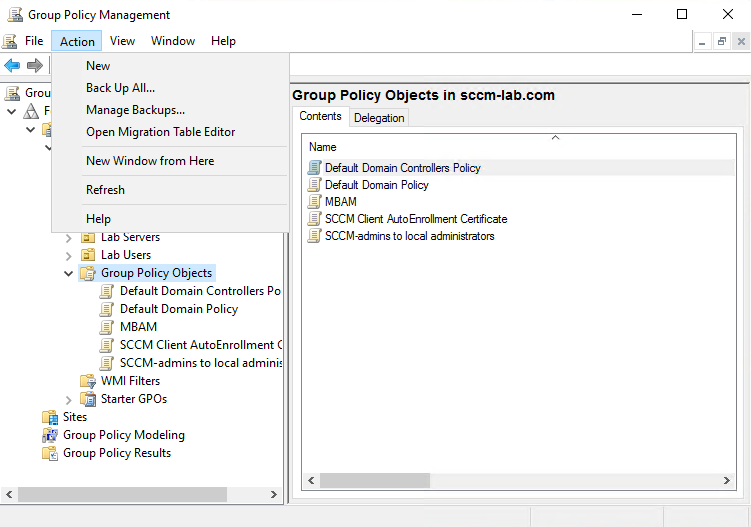 The image shows the Group Policy Management window with the Actions menu visible. 
				  