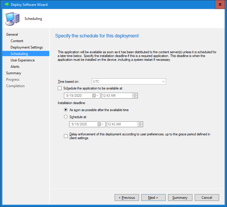 The image shows the Scheduling page of the Deploy Software Wizard. 
				  