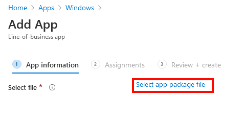 The image shows the App information tab with the Select app package file option highlighted. 
				  