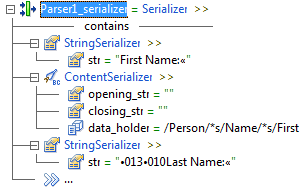 global level Parser1_Serializer = Serializer >> level 1 contains line level 1 StringSerializer >> level 2 str = "FirstName:«" level 1 ContentSerializer >> level 2 opening_string = "" level 2 closing_string = "" level 2 data_holder = /Person/*s/Name/*s/First level 1 StringSerializer >> level 2 str = "dot013dot010LastName:«" 
		  