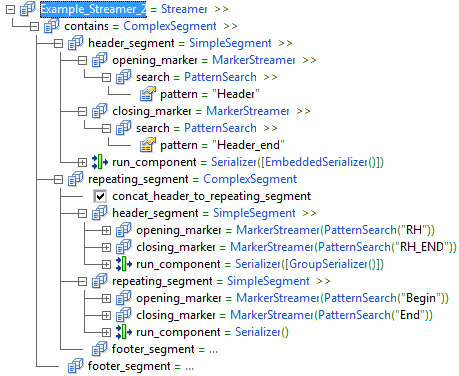 global level Example_Streamer_2 = Streamer >> level 2 contains = ComplexSegment >> level 3 header_segment = SimpleSegment level 4 opening_marker = MarkerStreamer >> level 5 search = PatternSearch >> level 6 pattern = "Header" level 4 closing_marker = MarkerStreamer >> level 5 search = PatternSearch >> level 6 pattern = "Header_end" level 4 run_component = Serializer([EmbeddedSerializer()]) level 3 repeating_segment = ComplexSegment level 4 selected checkbox concat_header_to_repeating_segment level 4 header_segment = SimpleSegment level 5 opening_marker = MarkerStreamer(PatternSearch("RH")) level 5 closing_marker = MarkerStreamer(PatternSearch("RH_END")) level 5 run_component = Serializer([GroupSerializer()]) level 4 repeating_segment = SimpleSegment level 5 opening_marker = MarkerStreamer(PatternSearch("Begin")) level 5 closing_marker = MarkerStreamer(PatternSearch("End")) level 5 run_component = Serializer() level 4 footer_segment = ... level 3 footer_segment = ... 
		  