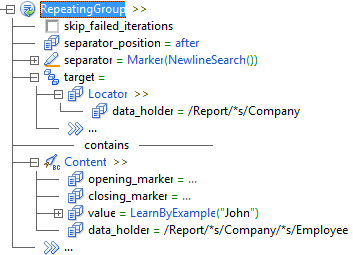 level 2 RepeatingGroup >> level 3 cleared checkbox skip_failed_iterations level 3 separator_position = after level 3 separator = Marker(NewlineSearch()) level 3 target = level 4 Locator >> level 5 data_holder = /Report/*s/Company level 4 ... level 3 contains line level 3 Content >> level 4 opening_marker = ... level 4 closing_marker = ... level 4 value = LearnByExample("John") level 4 data_holder = /Report/*s/Company/*s/Employee 