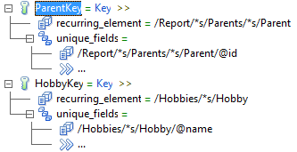 level 1 ParentKey = Key >> level 2 recurring_element = /Report/*s/Parents/*s/Parent level 2 unique_fields = Level 3 /Report/*s/Parents/*s/Parent/@id level 3 ... level 1 HobbyKey = Key >> level 2 recurring_element = /Hobbies/*s/Hobby level 2 unique_fields = Level 3 /Hobbies/*s/Hobby/@name level 3 ... 
		  