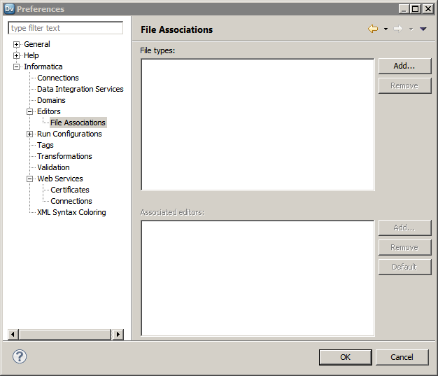 The file types appear in the top portion of the File Associations page. The associated editors appear in the bottom portion of the page. 
				  