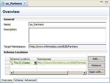 Schema objects have an Overview view, a Schema view, and an Advanced view. The top portion of the Overview view shows the name, description, and the target namespace for the schema. In the bottom portion of the Overview view, the Schema Locations area lists the schema files and the namespaces. 
			 