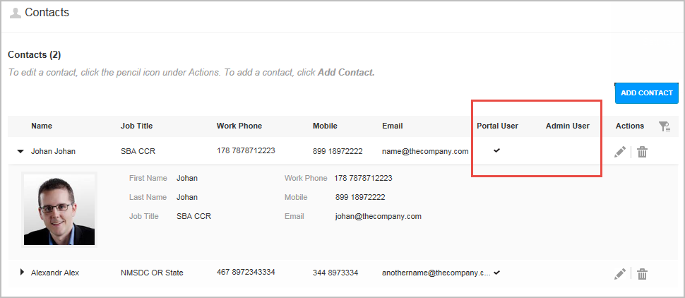 In the Contacts page, the authorized supplier representative can set the user role for other supplier representatives. 
		