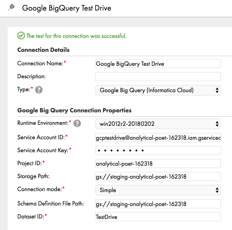 When you successfully create a Google BigQuery V2 connection, the message, "The test for this connection was successful" appears above the connection details. 
				  