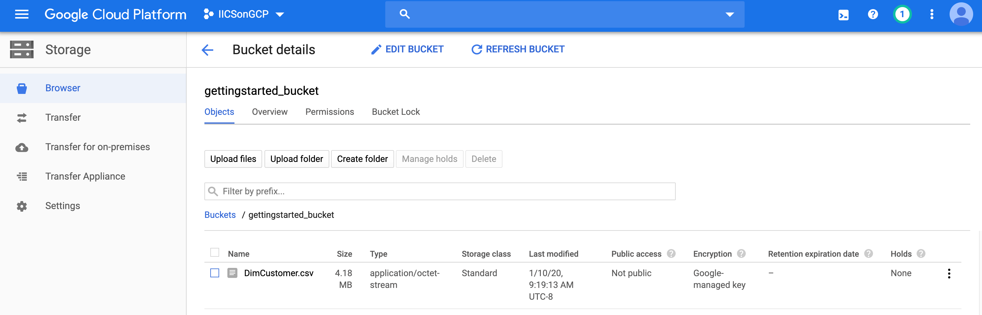The Google Cloud Storage bucket details show that the new target file has been created in the bucket. 
			 